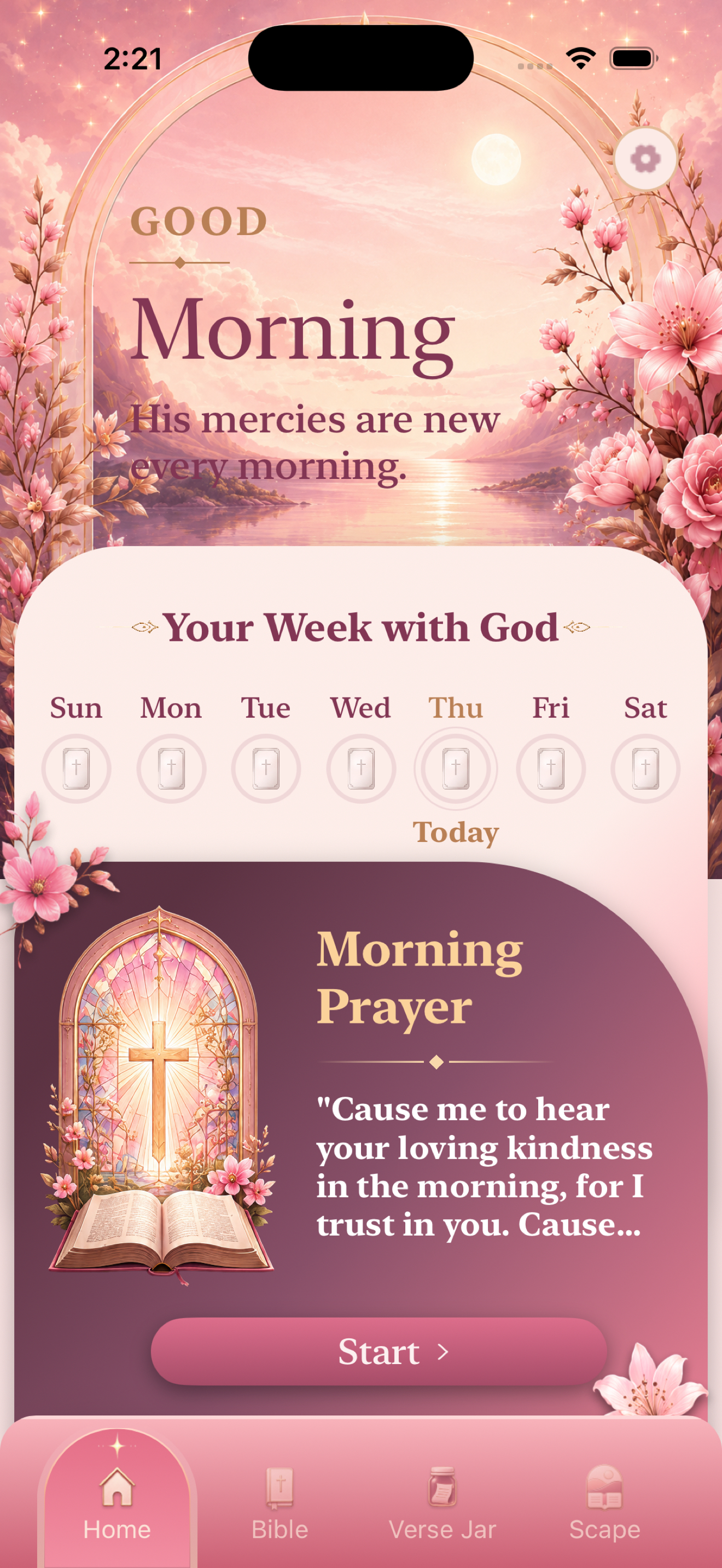 BibleForHer Home screen with a morning prayer